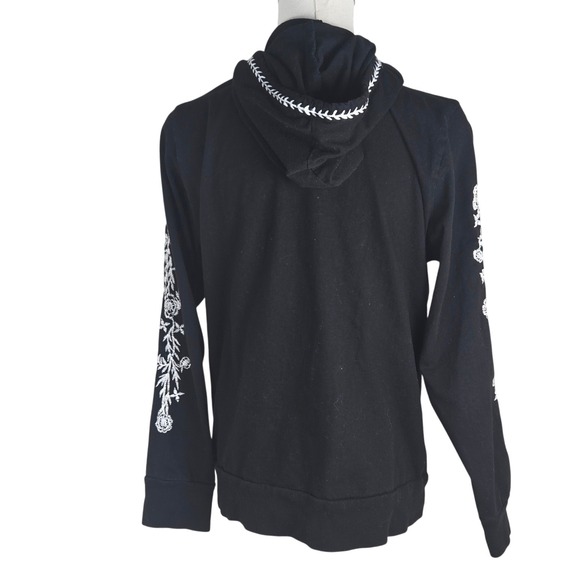 Seventh Avenue Black Embroidered Hoodie L Full Zip Whimsigoth Floral Cotton - Picture 3 of 10